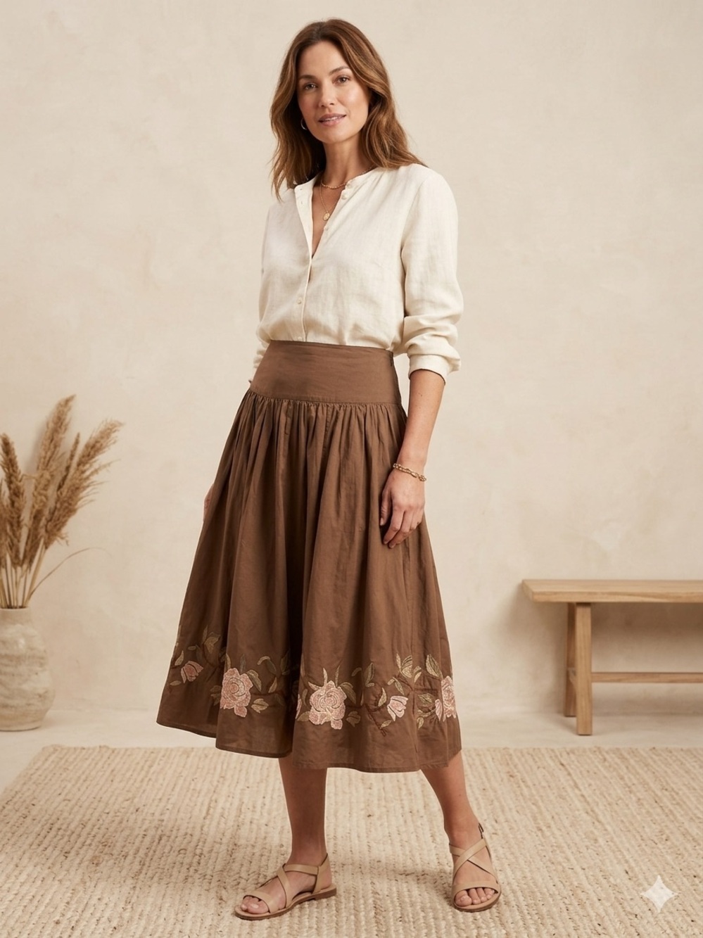Brown Floral Embroidered Maxi Skirt